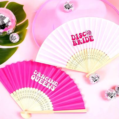 1PC Disco Bride Hand Fan, Bamboo Folded Handheld Fan Esign, Pink & White Striped Pattern, Playful Wedding Accessory For 90s Themed Parties, Bridal Showers & Photo Booth Props, Perfect Summer Gift For Bride