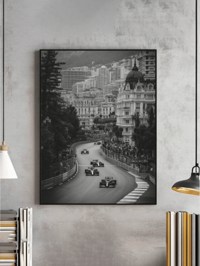1 Piece Framed Canvas Wall Art, Vintage F1 Monaco Grand Prix Themed Wall Decor, Racing Car Themed Print, Black And White F1 Print, Race Track, F1 Fan Gift, Room Decor, Dorm Decor, Bedroom Decor, Living Room Decor, Office Decor, Holiday Decor, Housewarming Gift, Birthday Gift, Kitchen Decor, Dining Room Decor