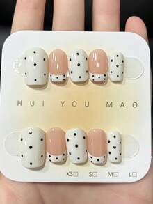 10Pcs Handmade Press On Nails Short Square, Nude & White False Nails With Black Polka Dot & French Tip Design, Reusable Glossy Fake Nails For Women - Multicolor - View 1