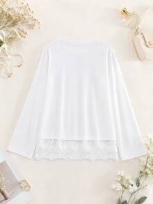 Long Sleeve T-Shirt With Contrast Lace, Solid Color, Spring/Autumn Casual White - White - View 2