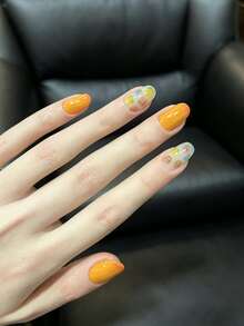 10Pcs Handmade Press On Nails Short Oval, Orange French Tip False Nails With Hand-Painted Floral Design, Reusable Glossy Fake Nails For Women Spring Wear - Multicolor - View 2