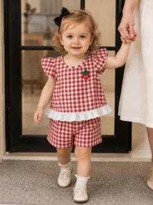 Baby Girl Summer 2-Piece Set: Red & White Patches Strawberry Print, Cap Sleeve Top With White Ruffle Hem, Lightweight & Breathable For Daily Wear, Outings, Parties, Picnics - Red - View 10