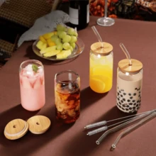 1 Set High Borosilicate Glass Water Cup, Includes 500ml Cup With Lid + Glass Straw + Straw Brush, Cute Reusable Glass Bottle, Iced Coffee Cup, Tea Cup, Suitable For Restaurant - Multicolor - View 8