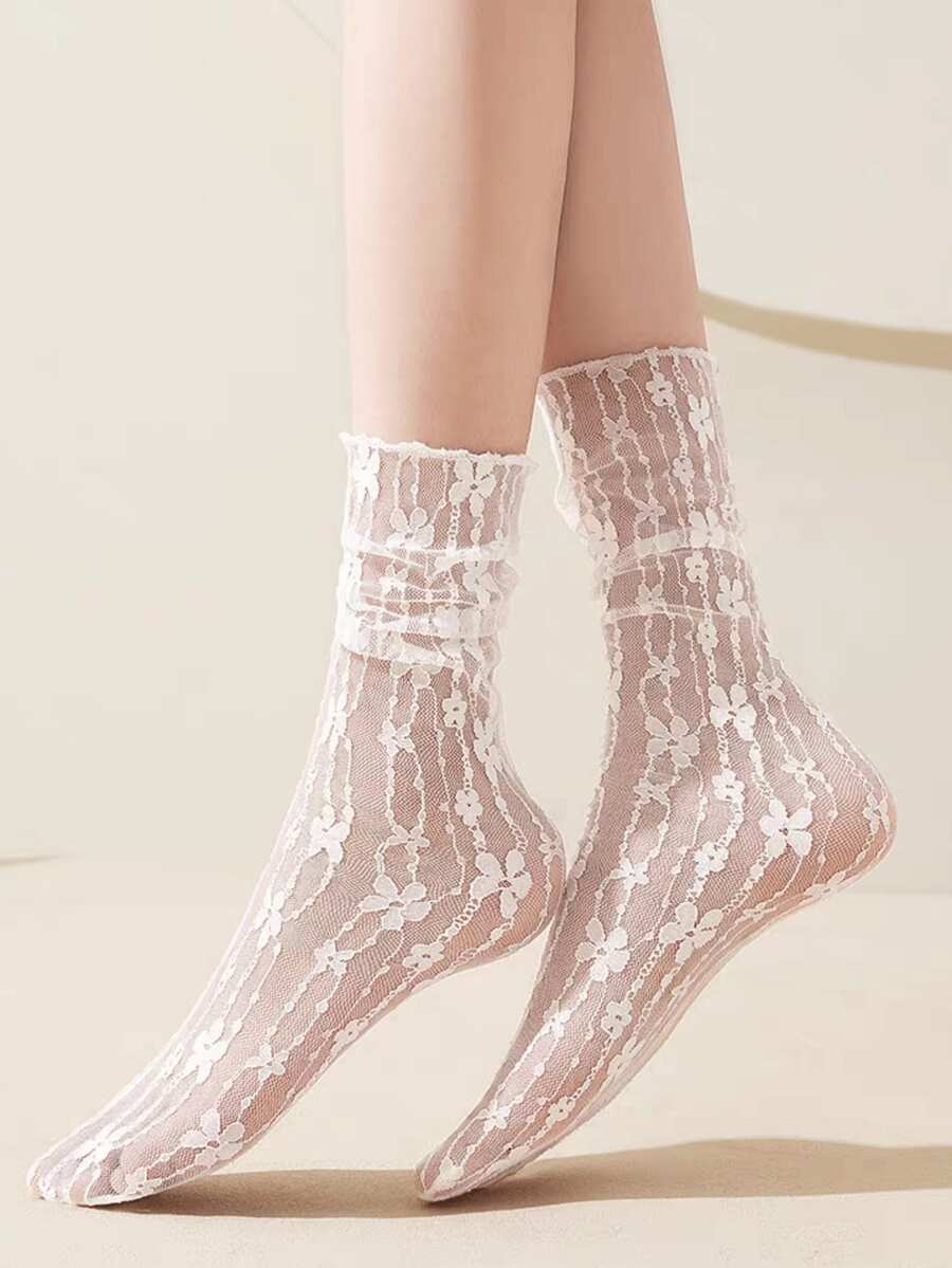 1/6 Pairs Summer Thin Mesh Sweet Floral Lolita Mid-Calf Socks - Multicolor - View 1