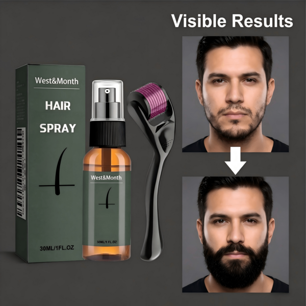 3 piezas Kit de Cuidado para Barba Masculino West&Month 30 ml, Spray Nutritivo con 540 Agujas, Derma Roller para Aplastamiento y Fortalecimiento de la Barba, Conjunto para Hombres, Productos para el Cuidado del Pelo Facial