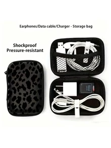 Black Leopard Print EVA Hard Shell 4.3 Inch Compact Storage Box - Travel Protective Storage Bag, Suitable For Electronic Accessories, Earphones, Hard Drives And Data Cables; Shockproof Zipper Pouch (Storage Box Only) - Multicolor - View 3