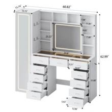 60.82" Full Length Mirror Makeup Vanity Desk With Smart LED Mirror & Charging Station, Transparent Top With 11 RGB Drawers, 10 Shelves, 3 Lighting Modes & Adjustable Brightness, Vanity Woman, White - White - View 3