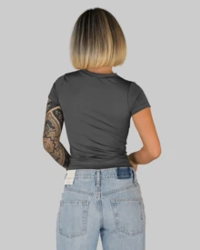 Women's Summer Cropped T-Shirt With Short Sleeves And Round Neck, Slim Fit, Solid Color, Aitona - Dark Grey - View 3