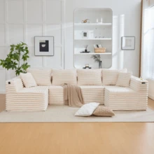 أريكة زاوية من المخمل المضلع مع حاملات أكواب وجيوب جانبية، حشوة نابضية، 4 وسائد ظهر و 2 وسادة زخرفية. تصميم مريح للراحة المثالية حتى أثناء الاستخدام المطول - مثالية للشقق وغرف المعيشة. - بيج - مشاهدة 8