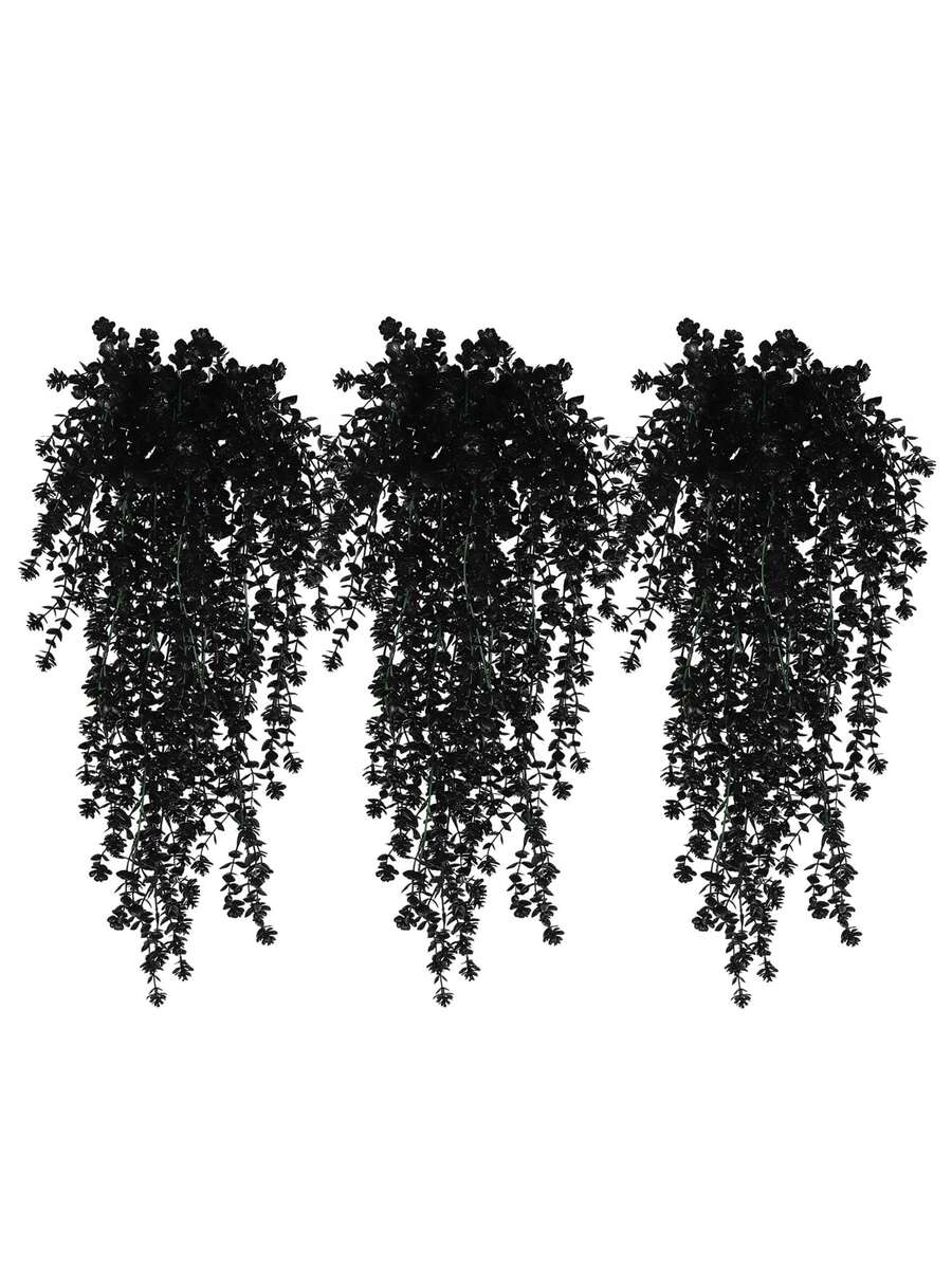 1/3 piezas Flores negras artificiales colgantes para decoración de Halloween, flores negras colgantes artificiales, plantas colgantes falsas de plástico resistente a los rayos UV, enredaderas de hiedra verde para decoración de Halloween, decoración gótica para el hogar, porche, pared, jardín y fiesta de Halloween - Adornos florales colgantes negros - Ver 1