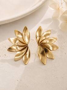 1 Pasang Anting Stud Simetris Kelopak Berlapis 3D Emas KC Besi untuk Wanita - Kelopak simetris - View 8