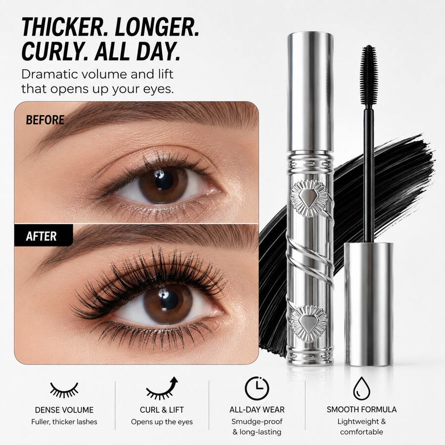 IOIOKISS Curling Mascara | Long-Lasting Curl, No Smudging, Waterproof, Volumizing And Lengthening, Unique Curved Brush Head Fits Eye Shape, Defined Lashes; Waterproof And Sweat-Resistant, All-Day Smudge-Proof, Warm Water Removable. Lightweight Formula, Repeat Application Without Clumping, Naturally Enhances Eyes - Black - View 1