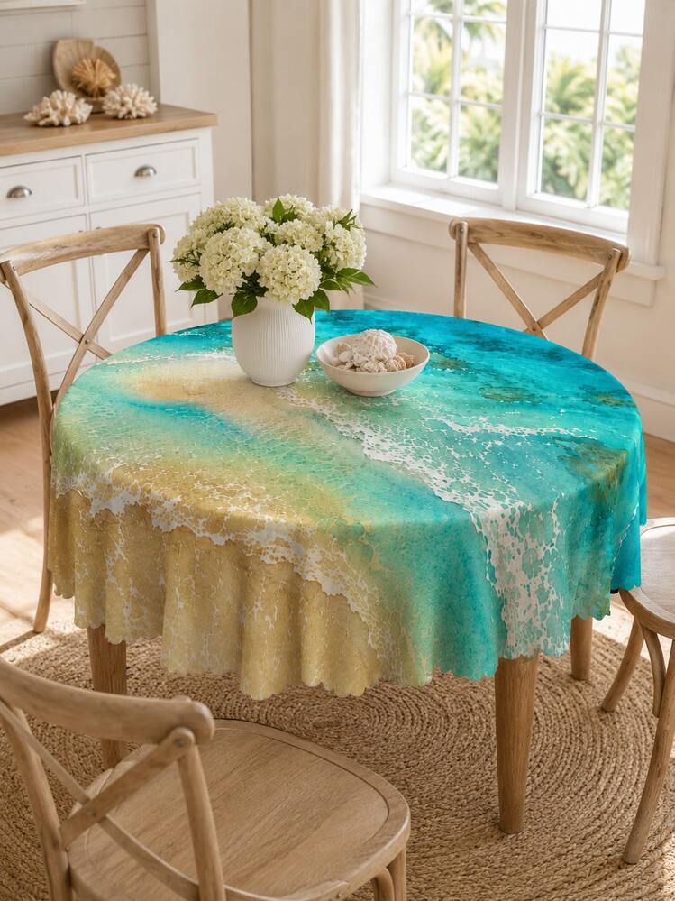 Khăn trải bàn màu nước đại dương xanh ngọc, khăn phủ bàn ăn ven biển bằng polyester với họa tiết in bọt biển, sóng nước xanh ngọc và đường bờ biển, trang trí nhà bãi biển cho bữa sáng muộn ngoài hiên, bữa tối mùa hè, tiệc hải sản, ăn uống ban công và phong cách nhà nghỉ dưỡng. - Nhiều màu - Xem 15