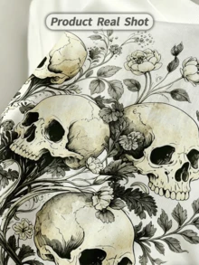 Camicia casual estiva da uomo con collo rotondo morbido e maniche corte, stampa grafica con teschio e fiori, adatta per l'uso in primavera e estate. - Bianco - Visualizzare 3