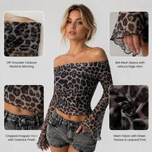 Off Shoulder Flared Long Sleeve Leopard Print Cropped Mesh Top Y2K Going Out - 黑色 - 查看 3