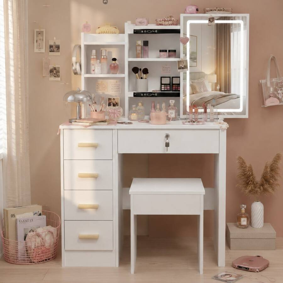 Compact LED Lighted Dressing Table Set With Storage Drawers & Side Shelves, Functional Makeup Desk With Stool, Must-Have Bedroom Furniture, Sweet Gift For Women - 白色 - 查看 1