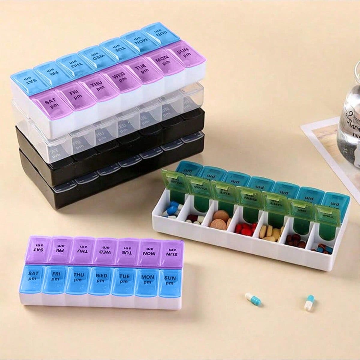 1PC Double Row 14-Compartment Pill Box; Portable Weekly Medication Storage Box; Sealed Moisture-Proof, Easy Open And Close, Compact And Portable; Visible Body, Daily Reminder To Take Medicine; Random Color - 1pc - View 1