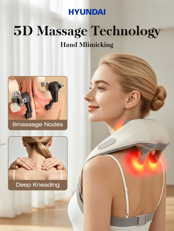 HYUNDAI Massageschal Nackenmassagegerät, mit Heizfunktion, aufladbare Vibration, massiert den Trapezmuskel, simuliert Handmassage für Nacken und Schultern