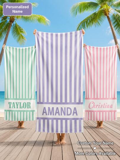 Personalized Custom Name Beach Towel, Striped Microfiber Pool Towel With Monogram Text, Quick Dry Lightweight Absorbent Soft Summer Swim Towel For Beach, Pool, Spa, Vacation Travel, Cruise, Resort & Personalized Gift, Multiple Colors Available