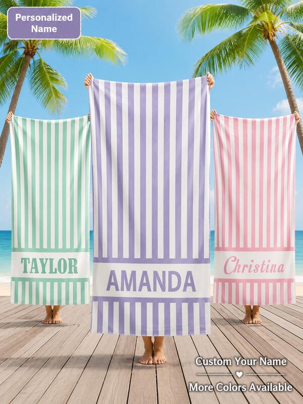 Personalized Custom Name Beach Towel, Striped Microfiber Pool Towel With Monogram Text, Quick Dry Lightweight Absorbent Soft Summer Swim Towel For Beach, Pool, Spa, Vacation Travel, Cruise, Resort & Personalized Gift, Multiple Colors Available