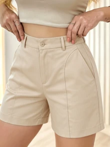 1件女款高腰寬鬆休閒短褲，適合夏季，適用戶外、通勤、戶外活動、運動與運動休閒風 - 杏色 - 查看 3