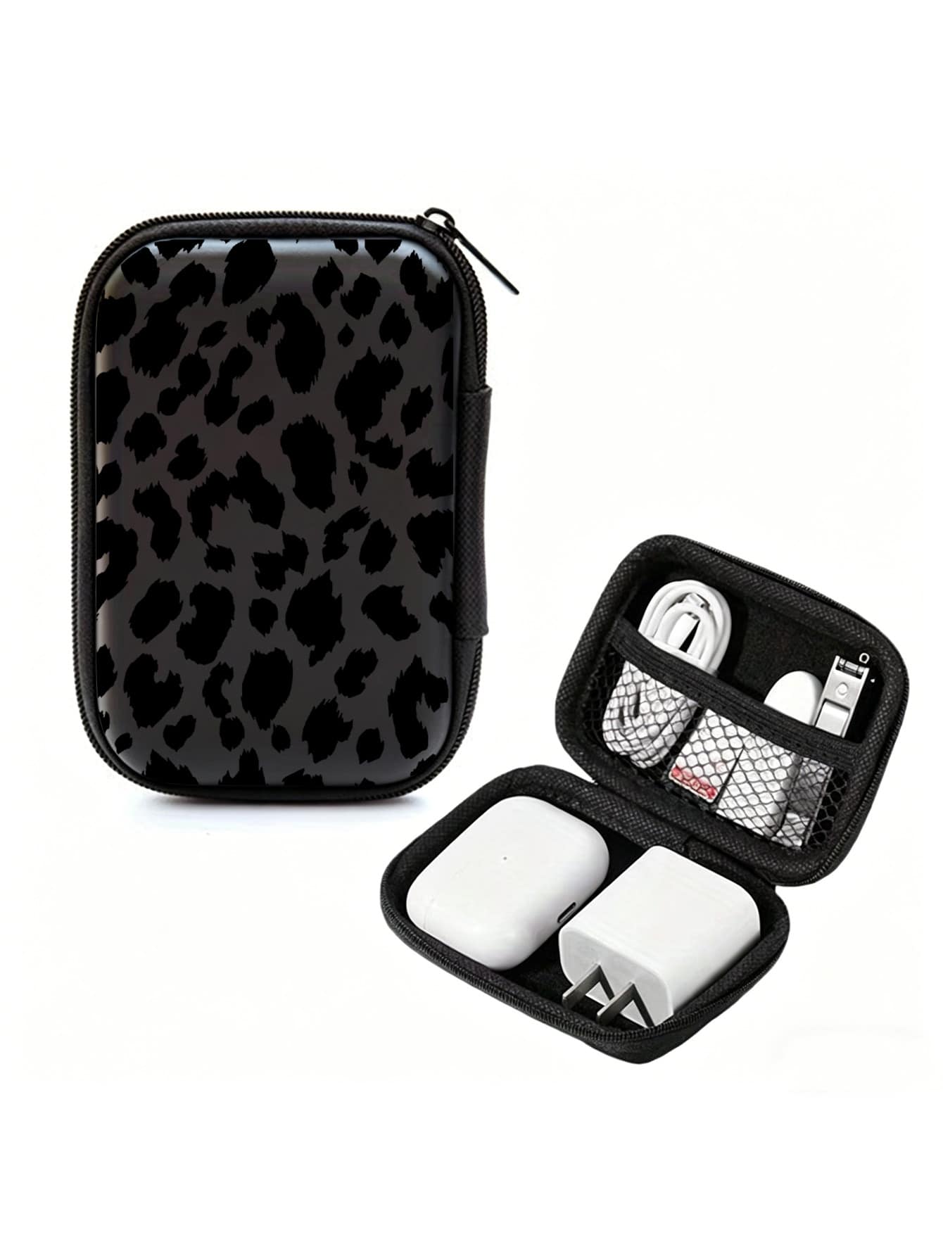 Black Leopard Print EVA Hard Shell 4.3 Inch Compact Storage Box - Travel Protective Storage Bag, Suitable For Electronic Accessories, Earphones, Hard Drives And Data Cables; Shockproof Zipper Pouch (Storage Box Only) - Multicolor - View 1