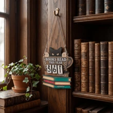 1/2pcs Rustic Black Cat Library Wooden Signs, Cup & Book Stack Designs. Freestanding & Hanging Design Manual Reading Counter For Home Library Study Room Office, Perfect Back To School Gift For Book Lovers. - Multicolor - View 9