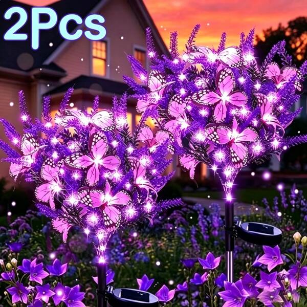 2pcs Solar Powered Lavender Butterfly Lights, Outdoor Solar Decorative Lights, LED Outdoor Artificial Flower Lights, Waterproof Garden Ground Lights, Suitable For Garden, Yard, Pathway And Lawn Decoration