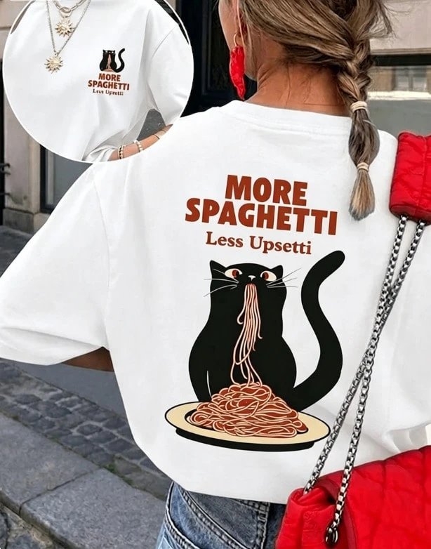 Vintage 2-Piece, Lightweight, Soft And Comfortable Short-Sleeved Fitted T-Shirts, Urban INS Style, Pinterest Aesthetic, Funny Black Cat Print "More Pasta, Less Stress", Cream Color, Casual Summer Tops. - White - View 1