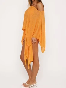 Womens Off Shoulder Knit Cover Up Top Irregular Asymmetrical Hem Poncho Blouse Y2K Summer Beach Casual Shirt - 橘色 - 查看 5