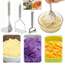 3Pcs Stainless Steel Kitchen Tool Set: Potato Masher + Multi-Functional Peeler, Manual Food Crusher For Mashed Potato, Pumpkin, Avocado & Baby Food, Easy Clean & Storage - Silver - View 1