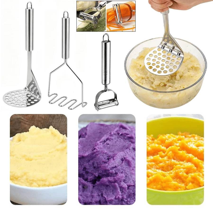 3Pcs Stainless Steel Kitchen Tool Set: Potato Masher + Multi-Functional Peeler, Manual Food Crusher For Mashed Potato, Pumpkin, Avocado & Baby Food, Easy Clean & Storage - Silver - View 1