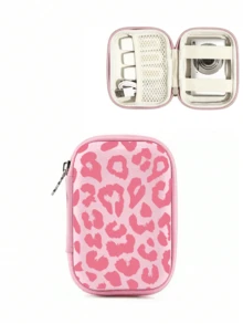 Pink Leopard Print EVA Hard Shell 4.3 Inch Compact Storage Box - Durable Travel Protective Storage Bag, Suitable For Electronic Accessories, Earphones, Hard Drives And Data Cables; Shockproof Zipper Bag (Storage Box Only) - Multicolor - View 7