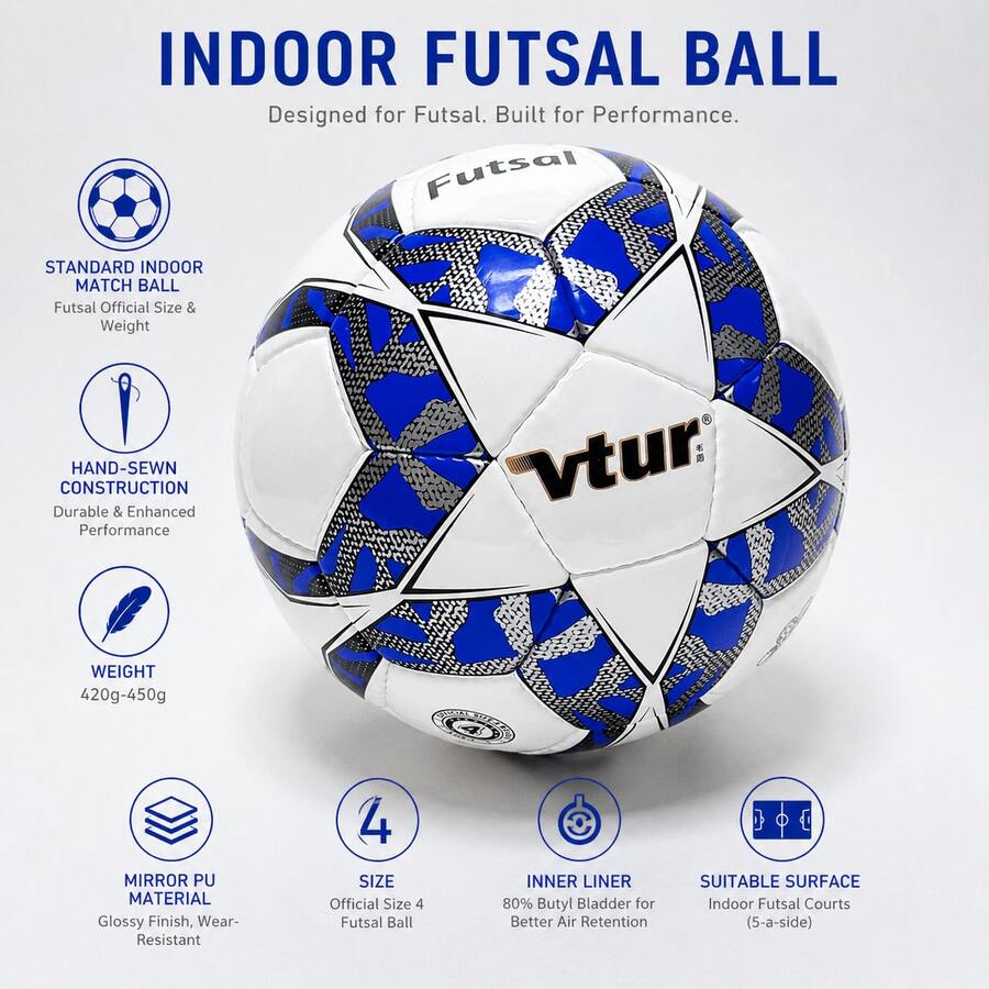 Vtur Football Professional Low Bounce Futsal Ball Size 4 – Hand Sewn Indoor Soccer Ball, Premium PU Leather, Enhanced Control & Durability For Training & Match Play Footballs . - Blue - View 1