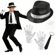 Conjunto de 3 Peças de Acessórios de Fantasia de Dançarino dos Anos 80 com Lantejoulas, Inclui Chapéu com Lantejoulas, Luvas com Lantejoulas e Gravata da Moda, Adequado para Adultos Assistirem ao Carnaval, Halloween ou Festa Disco Retrô dos Anos 1980 - Multicolorido - Ver 6
