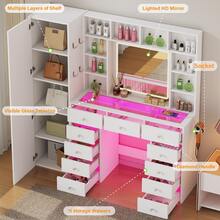 60.82" Full Length Mirror Makeup Vanity Desk With Smart LED Mirror & Charging Station, Transparent Top With 11 RGB Drawers, 10 Shelves, 3 Lighting Modes & Adjustable Brightness, Vanity Woman, White - White - View 7