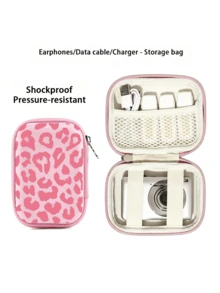 Pink Leopard Print EVA Hard Shell 4.3 Inch Compact Storage Box - Durable Travel Protective Storage Bag, Suitable For Electronic Accessories, Earphones, Hard Drives And Data Cables; Shockproof Zipper Bag (Storage Box Only) - Multicolor - View 3