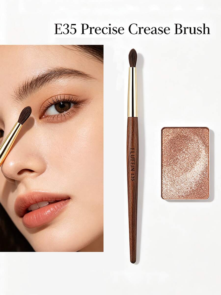 FLUFFIN 1 Stück E35 Präzisions-Faltenpinsel aus Rosshaar, kleiner Falten-Blending-Make-up-Pinsel, hochwertig, Rosenholz mit Kupferrohr - Rotbraun - Übersicht 1