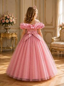 Girls' 3D Floral Off-Shoulder Embroidered Tulle Party Dress, Princess Dress For Birthday Party, Performance, Piano Recital - Dusty Pink - View 4
