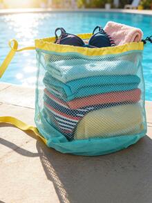 1PC Large Capacity Drawstring Mesh Beach Bag Sand Proof Breathable For Shells Clothes Towel Portable Crossbody For Swimming Vacation Outdoor Travel Storage - Drawstring Style - View 5
