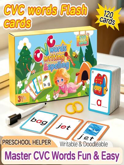 120 piezas/Caja Tarjetas Educativas CVC de Educación Temprana, Tarjetas de Deletreo del Alfabeto en Inglés, Tarjetas de Aprendizaje de Fonética para Niños, Doble Cara Borrable, Tarjetas Cognitivas Educativas, Adecuadas para Aprendizaje de Iluminación Preescolar, Educación Infantil, Montessori, Regalo de Aprendizaje, Opción Ideal para la Vuelta a la Escuela
