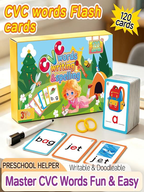 120 piezas/Caja Tarjetas Educativas CVC de Educación Temprana, Tarjetas de Deletreo del Alfabeto en Inglés, Tarjetas de Aprendizaje de Fonética para Niños, Doble Cara Borrable, Tarjetas Cognitivas Educativas, Adecuadas para Aprendizaje de Iluminación Preescolar, Educación Infantil, Montessori, Regalo de Aprendizaje, Opción Ideal para la Vuelta a la Escuela