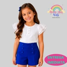Girls' Tailored High-Waisted Shorts With Decorative Buttons - Elegant, Casual, Comfortable - Girls' Fashion - Màu xanh lam - Xem 1