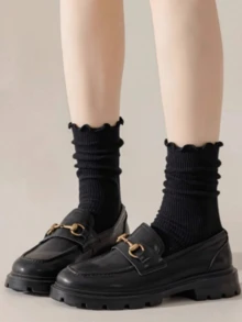 5/10 Pairs Women's Ruffle Lace Black Short Socks, Soft Breathable Tights/Knee-High Socks, Suitable For Daily, Holiday, Outdoor Wear, All Seasons, Can Be Paired With Loafers, Casual Shoes, Shoe Size 36-42 - Black - View 2