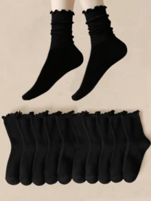 5/10 Pairs Women's Ruffle Lace Black Short Socks, Soft Breathable Tights/Knee-High Socks, Suitable For Daily, Holiday, Outdoor Wear, All Seasons, Can Be Paired With Loafers, Casual Shoes, Shoe Size 36-42 - Black - View 1