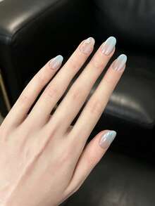 10Pcs Handmade Press On Nails Short Oval, Nude Blue Gradient Cat Eye False Nails With Star & Rhinestone Decor, Reusable Gel Glue On Nails For Women Daily Wear - Multicolor - View 2