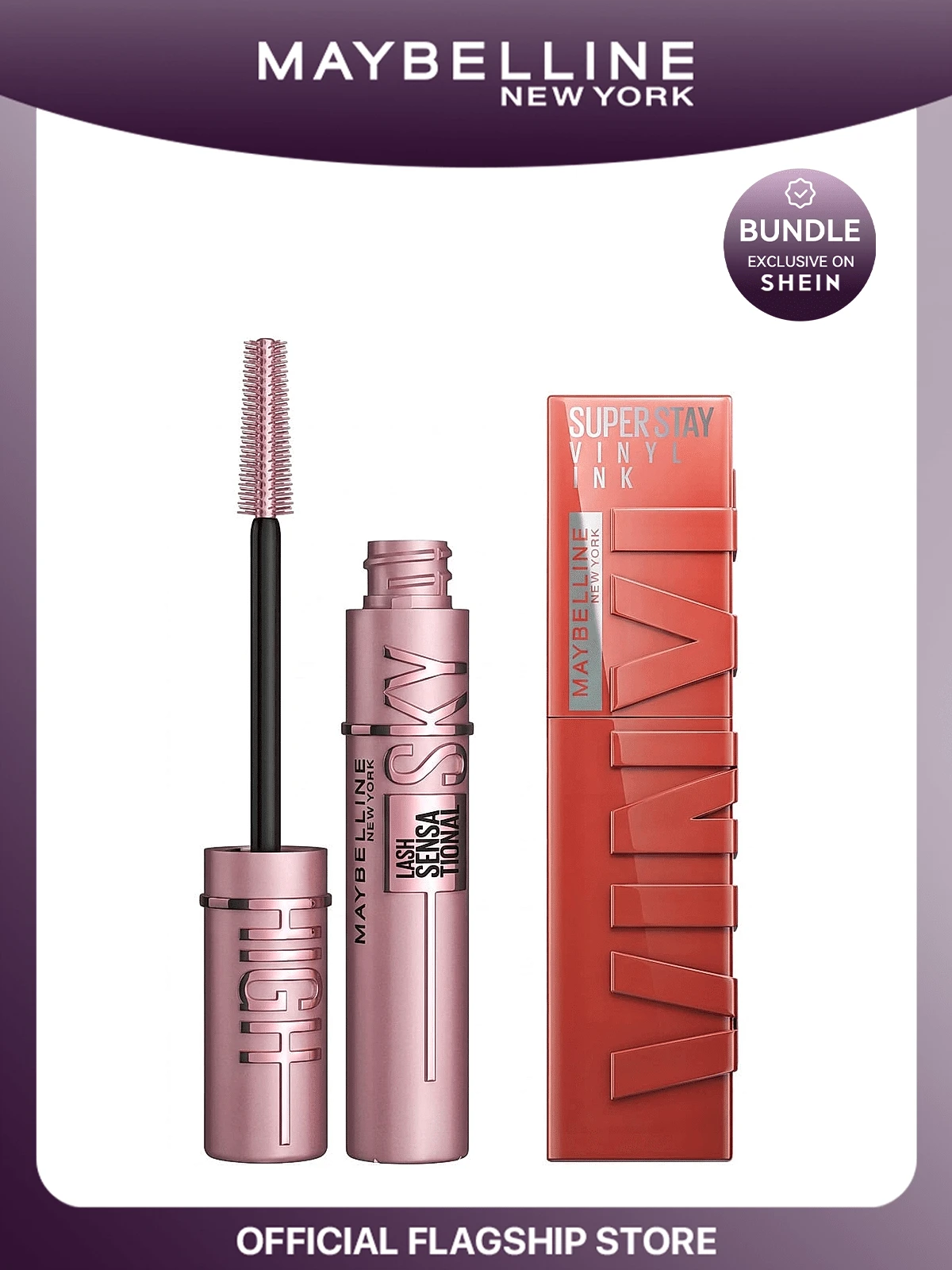 Maybelline [彩妝組合] LASH SENSATIONAL SKY HIGH 可洗式纖長睫毛膏+Super Stay Vinyl Ink 長效液態唇釉 極深黑色+125 Keen 0.24oz/7.2ml+0.14oz/4.2ml - 非常黑+125 敏銳 - 查看 1