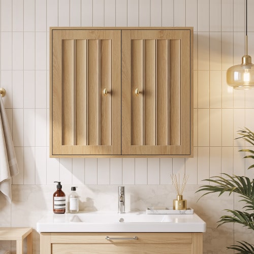 Wall-Mounted Bathroom Cabinet, Two-Door Medicine Cabinet With Vertical Groove Design – Wall-Hung Storage Cabinet For Bathrooms