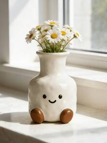 1pc Cream White Soothing Soft Cute Smiling Face Brown Feet Resin Vase, Cream White Glossy Hammered Texture Long Neck Vase, Suitable For Windowsill, Desktop, Bookshelf, Dining Table Centerpiece Decoration, Living Room Bedroom Home Decor, Can Hold Dried Flowers And Fresh Flowers - New Model - View 8