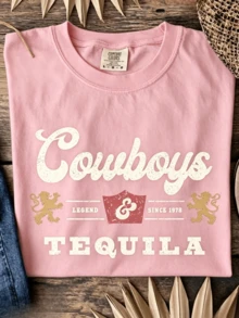 100% Cotton Oversized Cowboys & Tequila Graphic Tee: Vintage Western  Shirt, Comfortable Cotton Material, Everyday Loose-Fit Short Sleeves Shirt92 - 粉色 - 查看 8